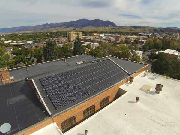 The Emerson Center solar array in front of Bozeman, MT