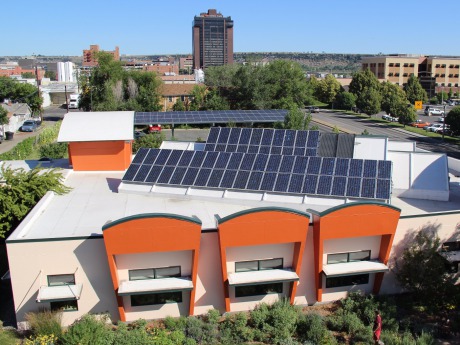 Aerial view of the Home on the Range building's solar systems 